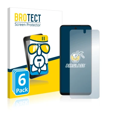 Front side of a product packaging with the brand logo BROTECT. Next to it is the device Motorola Moto G32 shown with the corre