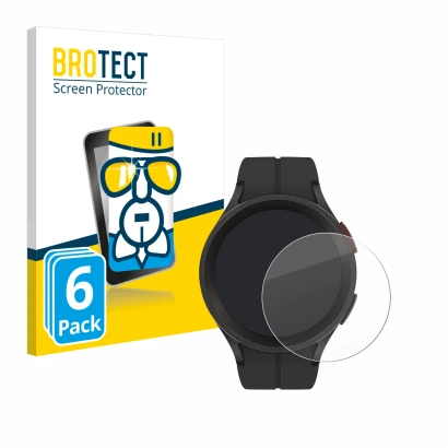 Front side of a product packaging with the brand logo BROTECT. Next to it is the device Samsung Galaxy Watch 5 Pro shown with