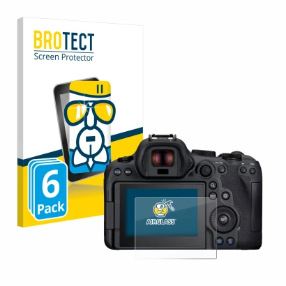 Front side of a product packaging with the brand logo BROTECT. Next to it is the device Canon EOS R6 Mark II shown with the co