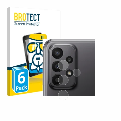 Front side of a product packaging with the brand logo BROTECT. Next to it is the device Samsung Galaxy A23 5G (ONLY Camera Len