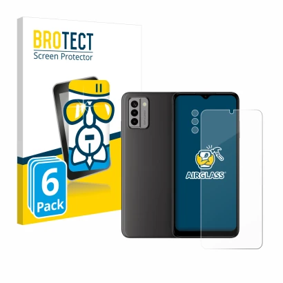 Front side of a product packaging with the brand logo BROTECT. Next to it is the device Nokia G22 (Front+Camera) shown with th
