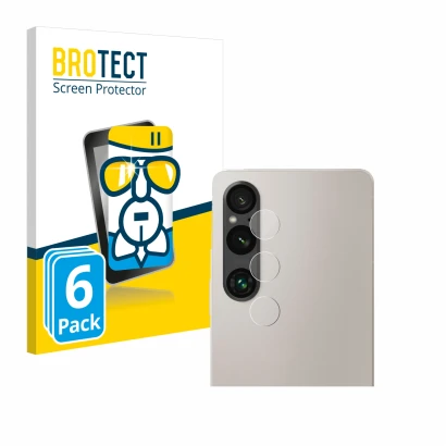 Front side of a product packaging with the brand logo BROTECT. Next to it is the device Sony Xperia 1 V (ONLY Camera Lens) sho