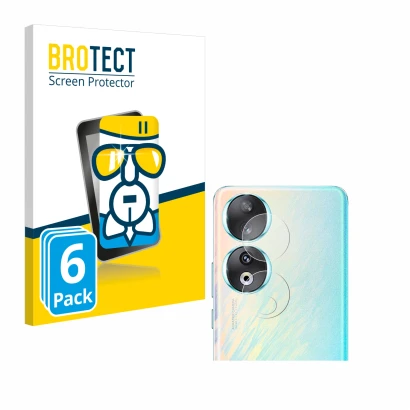 Front side of a product packaging with the brand logo BROTECT. Next to it is the device Honor 90 (ONLY Camera Lens) shown with