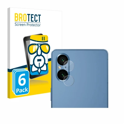 Front side of a product packaging with the brand logo BROTECT. Next to it is the device Sony Xperia 5 V (ONLY Camera Lens) sho