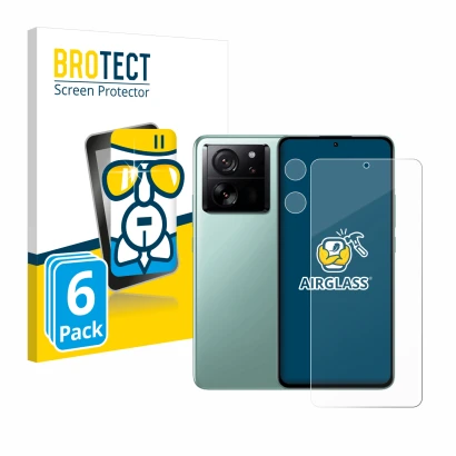 Front side of a product packaging with the brand logo BROTECT. Next to it is the device Xiaomi 13T Pro (Front+Camera) shown wi