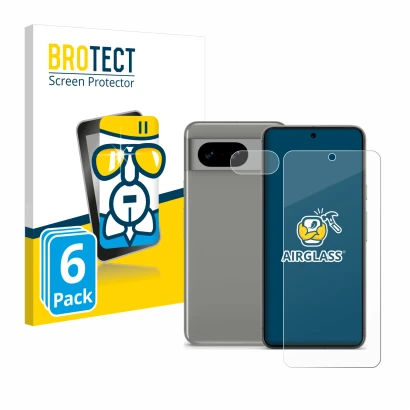 Front side of a product packaging with the brand logo BROTECT. Next to it is the device Google Pixel 8 (Front+Camera) shown wi