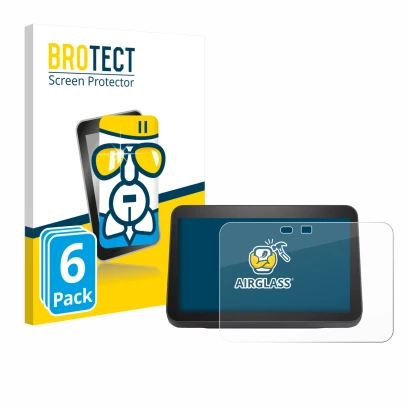 Front side of a product packaging with the brand logo BROTECT. Next to it is the device Amazon Echo Show 8 2023 (3th Gen.) sho