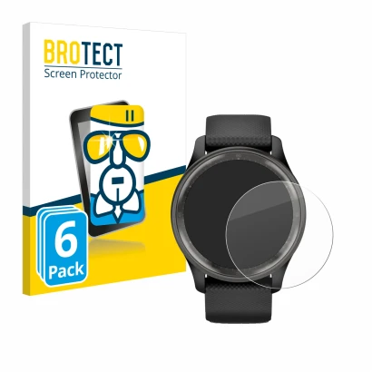 Front side of a product packaging with the brand logo BROTECT. Next to it is the device Garmin Vivomove Trend shown with the c