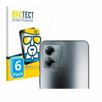 Front side of a product packaging with the brand logo BROTECT. Next to it is the device Motorola Moto G14 (ONLY Camera Lens) s