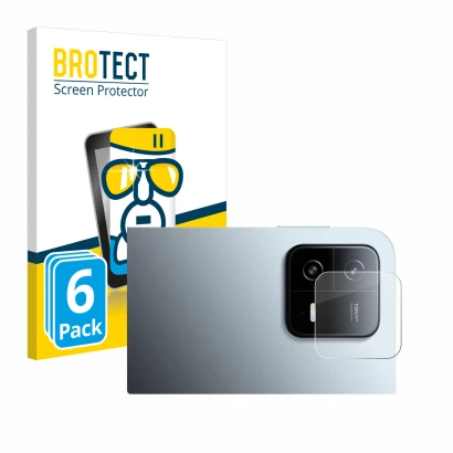 Front side of a product packaging with the brand logo BROTECT. Next to it is the device Xiaomi Pad 6 (ONLY Camera Lens) shown 