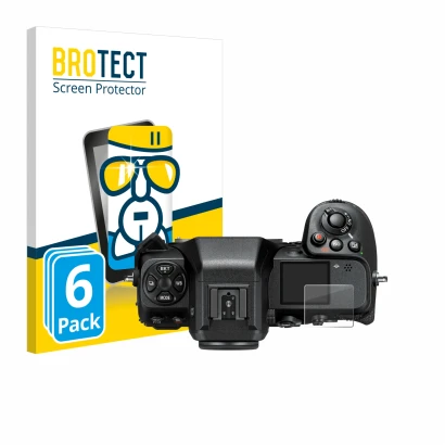 Front side of a product packaging with the brand logo BROTECT. Next to it is the device Nikon Z 8 (top plate display) shown wi