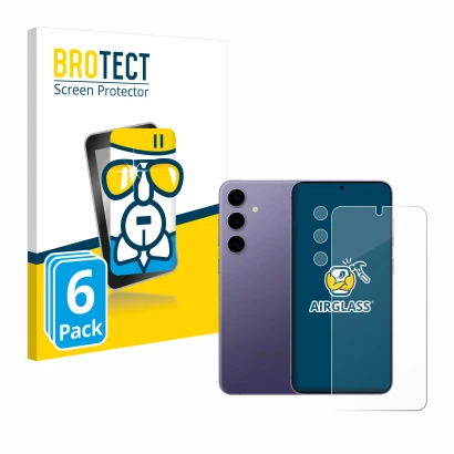 Front side of a product packaging with the brand logo BROTECT. Next to it is the device Samsung Galaxy S24 (Front+Camera) show