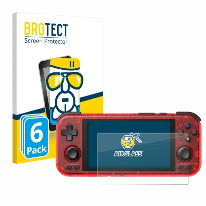 Front side of a product packaging with the brand logo BROTECT. Next to it is the device Retroid Pocket 4 Pro shown with the co