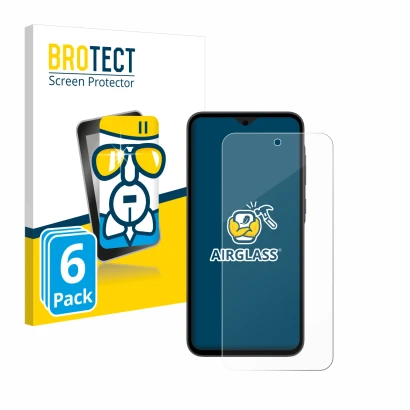 Front side of a product packaging with the brand logo BROTECT. Next to it is the device Samsung Galaxy A35 5G shown with the c