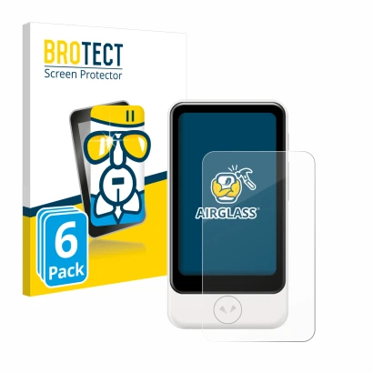 Front side of a product packaging with the brand logo BROTECT. Next to it is the device Pocketalk Plus shown with the correspo