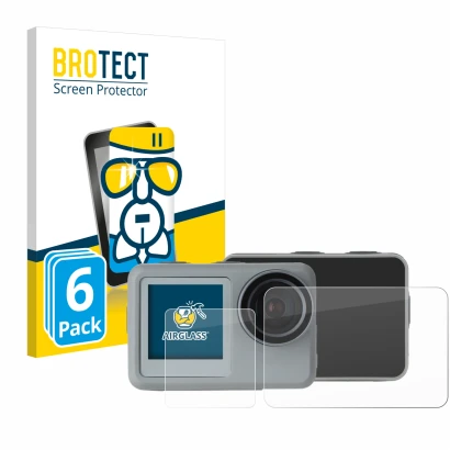 Front side of a product packaging with the brand logo BROTECT. Next to it is the device Rollei Actioncam 9s Plus shown with th