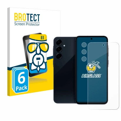 Front side of a product packaging with the brand logo BROTECT. Next to it is the device Samsung Galaxy A35 5G (Front+Camera) s