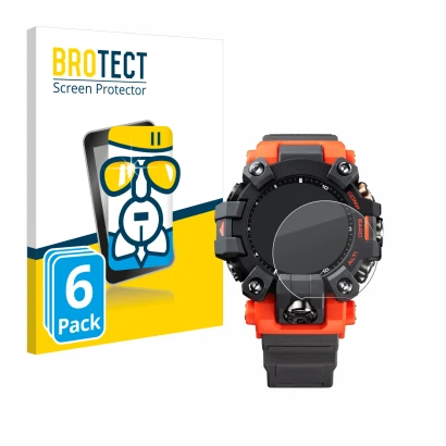 Front side of a product packaging with the brand logo BROTECT. Next to it is the device Casio G-Shock GW-9500 shown with the c