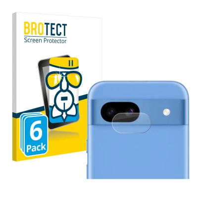 Front side of a product packaging with the brand logo BROTECT. Next to it is the device Google Pixel 8a (ONLY Camera Lens) sho