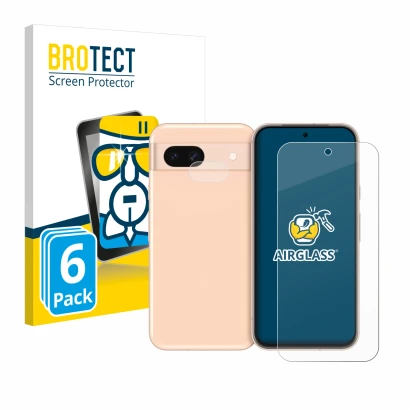 Front side of a product packaging with the brand logo BROTECT. Next to it is the device Google Pixel 8a (Front+Camera) shown w