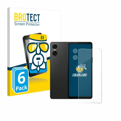 Front side of a product packaging with the brand logo BROTECT. Next to it is the device Sony Xperia 10 VI (Front+Camera) shown