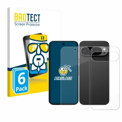 Front side of a product packaging with the brand logo BROTECT. Next to it is the device Google Pixel 9 Pro (Front+Back) shown 