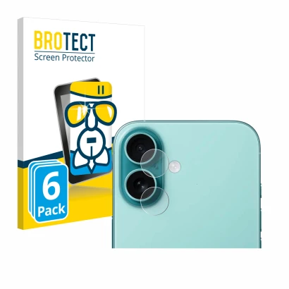 Front side of a product packaging with the brand logo BROTECT. Next to it is the device Apple iPhone 16 (ONLY Camera Lens) sho