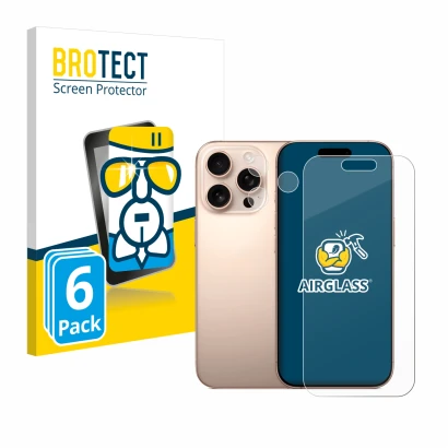 Front side of a product packaging with the brand logo BROTECT. Next to it is the device Apple iPhone 16 Pro (Front+Camera) sho