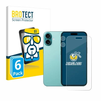 Front side of a product packaging with the brand logo BROTECT. Next to it is the device Apple iPhone 16 Plus (Front+Camera) sh