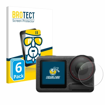 Front side of a product packaging with the brand logo BROTECT. Next to it is the device DJI Osmo Action 5 Pro (Lens) shown wit