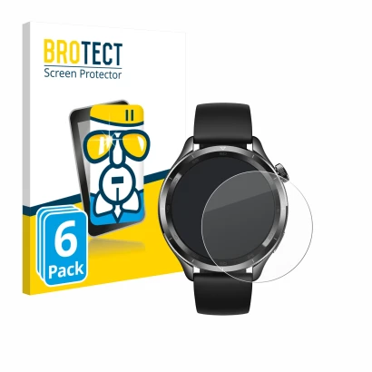 Front side of a product packaging with the brand logo BROTECT. Next to it is the device Xiaomi Watch S4 (47 mm) shown with the
