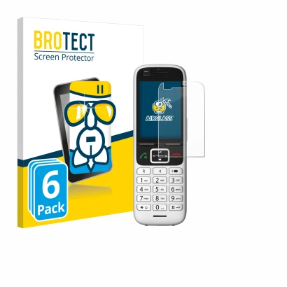 Front side of a product packaging with the brand logo BROTECT. Next to it is the device Unify OpenScape S6 shown with the corr