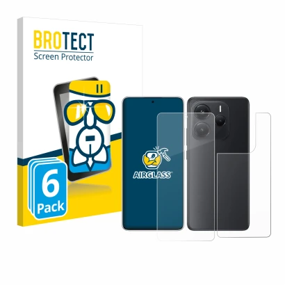 Front side of a product packaging with the brand logo BROTECT. Next to it is the device Xiaomi Redmi Note 14 (Front+Back) show