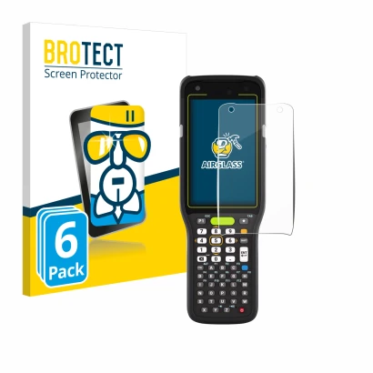 Front side of a product packaging with the brand logo BROTECT. Next to it is the device Zebra MC3400 shown with the correspond