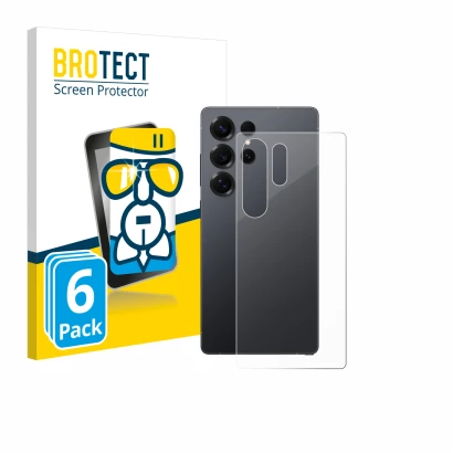 Front side of a product packaging with the brand logo BROTECT. Next to it is the device Samsung Galaxy S25 Ultra (Back) shown 