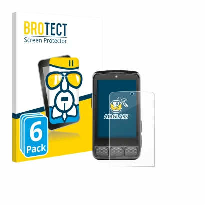 Front side of a product packaging with the brand logo BROTECT. Next to it is the device Wahoo Elemnt Roam 3 shown with the cor