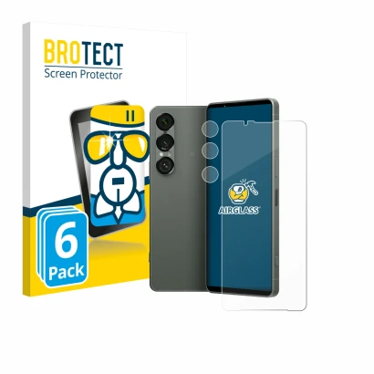 Front side of a product packaging with the brand logo BROTECT. Next to it is the device Sony Xperia 1 VII (Front+Camera) shown