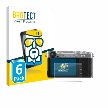 Front side of a product packaging with the brand logo BROTECT. Next to it is the device Fujifilm X-E5 shown with the correspon