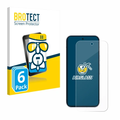 Front side of a product packaging with the brand logo BROTECT. Next to it is the device Google Pixel 10 Pro shown with the cor