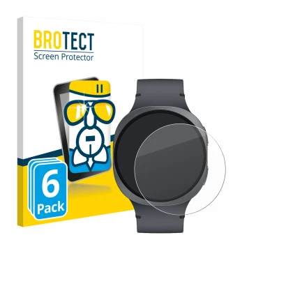Front side of a product packaging with the brand logo BROTECT. Next to it is the device Samsung Galaxy Watch 8 (44 mm) shown w