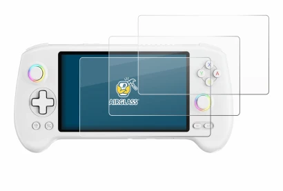 Image of the device Anbernic RG557 with a wide variety of screen protectors.