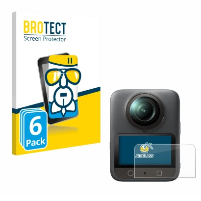 Front side of a product packaging with the brand logo BROTECT. Next to it is the device DJI Osmo 360 shown with the correspond