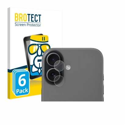 Front side of a product packaging with the brand logo BROTECT. Next to it is the device Apple iPhone 17 (ONLY Camera Lens) sho