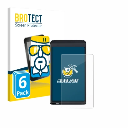 Front side of a product packaging with the brand logo BROTECT. Next to it is the device Vasco Translator Q1 shown with the cor