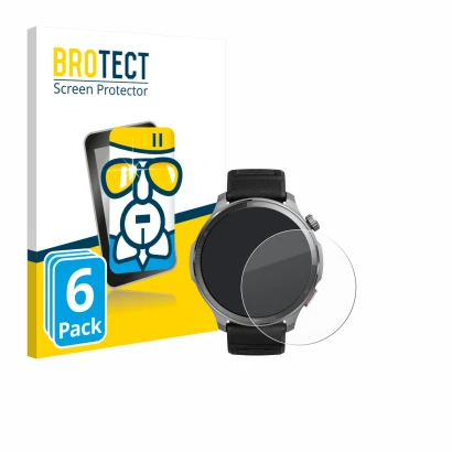 Front side of a product packaging with the brand logo BROTECT. Next to it is the device Huami Amazfit Balance 2 XT shown with 