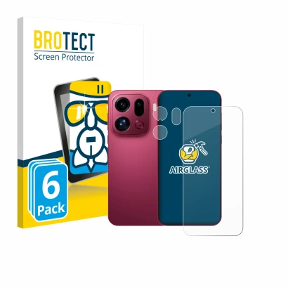 Front side of a product packaging with the brand logo BROTECT. Next to it is the device Oppo Find X9 Pro (Front+Camera) shown 