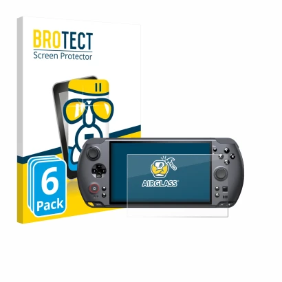 Front side of a product packaging with the brand logo BROTECT. Next to it is the device GPD Win 5 shown with the corresponding