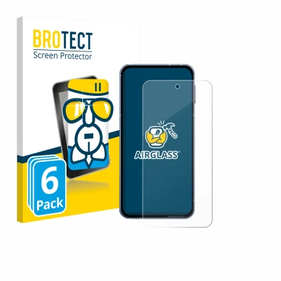 Front side of a product packaging with the brand logo BROTECT. Next to it is the device Sharp Aquos Sense 10 shown with the co