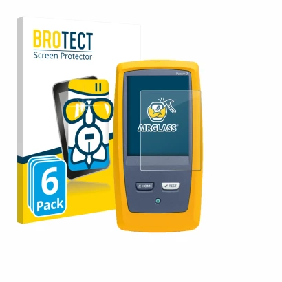 Front side of a product packaging with the brand logo BROTECT. Next to it is the device Fluke DSX8000 shown with the correspon