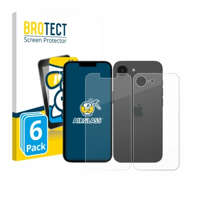 Front side of a product packaging with the brand logo BROTECT. Next to it is the device Apple iPhone 17e (Front+Back) shown wi